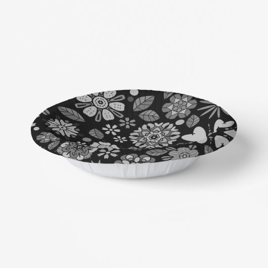 Black And Gray Retro Floral Art Seamless Pattern ペーパーボウル (傾斜あり)
