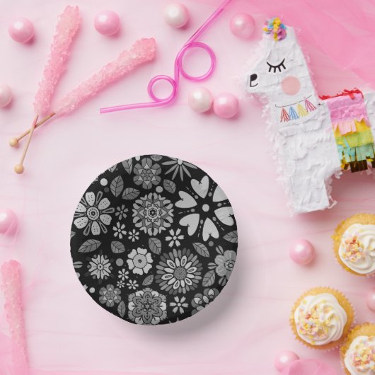 Black And Gray Retro Floral Art Seamless Pattern ペーパーボウル (パーティー)