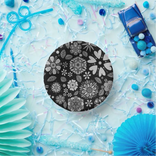 Black And Gray Retro Floral Art Seamless Pattern ペーパーボウル (パーティー)