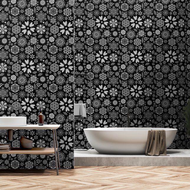 Black And Gray Retro Floral Art Seamless Pattern 壁紙 (浴室)