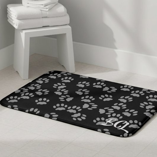 Black and Grey Paw Print Pattern Bath Mat バスマット
