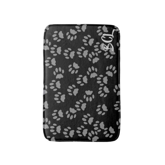 Black and Grey Paw Print Pattern Bath Mat バスマット (正面縦)