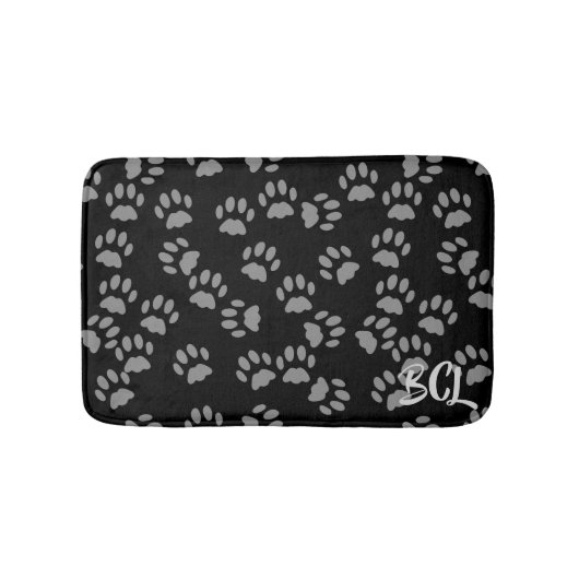 Black and Grey Paw Print Pattern Bath Mat バスマット (正面)