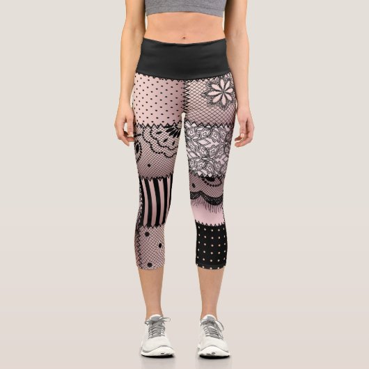 Black and Light Pink Patchwork Lace Design カプリレギンス (正面)