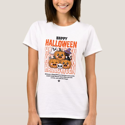 Black and Orange Grunge Halloween Cat & Pumpkin  Tシャツ (正面)