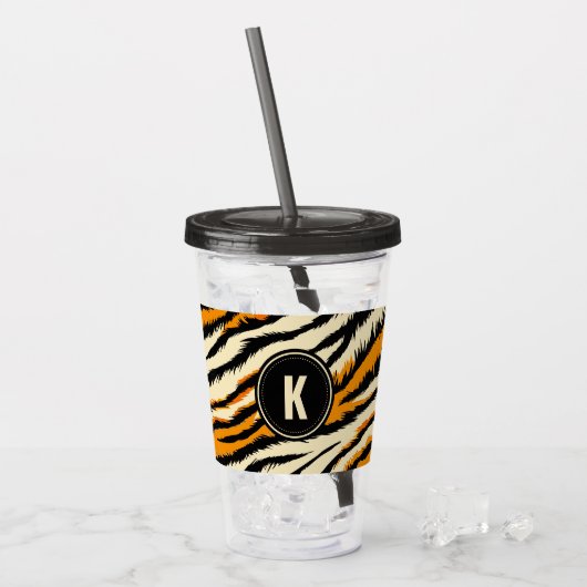 Black and Orange Tiger Stripes Monogram アクリルタンブラー (アイス正面)