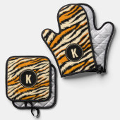 Black and Orange Tiger Stripes Monogram 鍋つかみ&鍋敷きセット (正面/裏面)