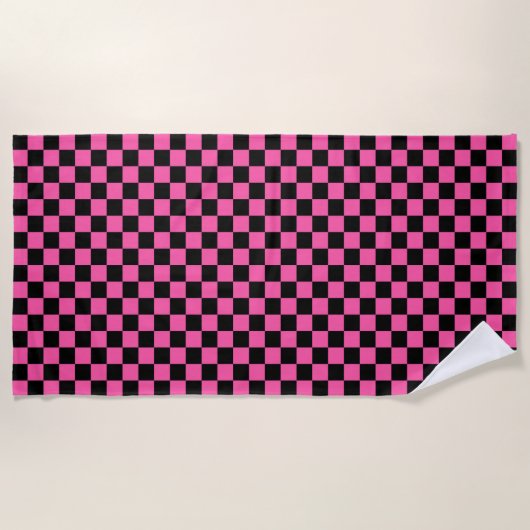 Black and pink checkerboard pattern ビーチタオル (正面)