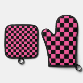 Black and pink checkerboard pattern 鍋つかみ&鍋敷きセット