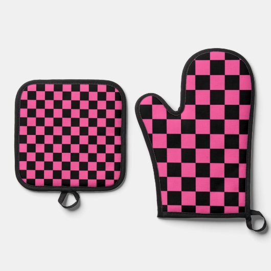 Black and pink checkerboard pattern 鍋つかみ&鍋敷きセット (正面)