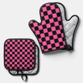 Black and pink checkerboard pattern 鍋つかみ&鍋敷きセット (正面/裏面)