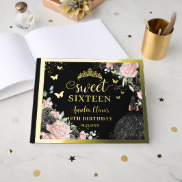 Black and Pink Floral Sweet Sixteen 16th Birthday ゲストブック