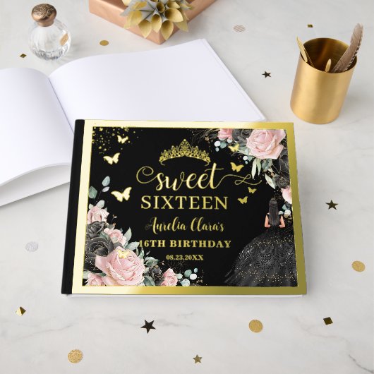 Black and Pink Floral Sweet Sixteen 16th Birthday ゲストブック (正面見開き)
