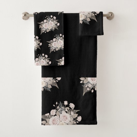 Black and pink flowers modern decorative bathroom バスタオルセット (インサイチュ)