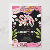 Black and Pink Retro Daisy Spa Party Birthday 招待状 (正面)