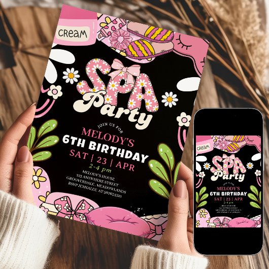 Black and Pink Retro Daisy Spa Party Birthday 招待状