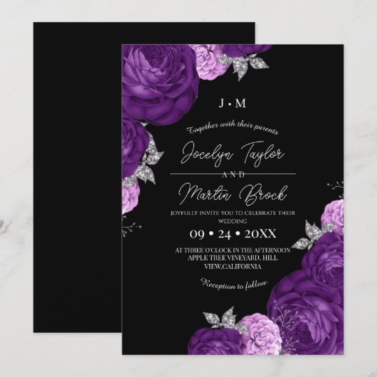 Black and Purple Modern & Whimsical Flora Wedding  招待状 (正面/裏面)