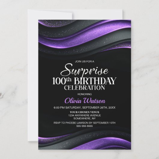 Black and Purple Surprise 100th Birthday 招待状 (正面)