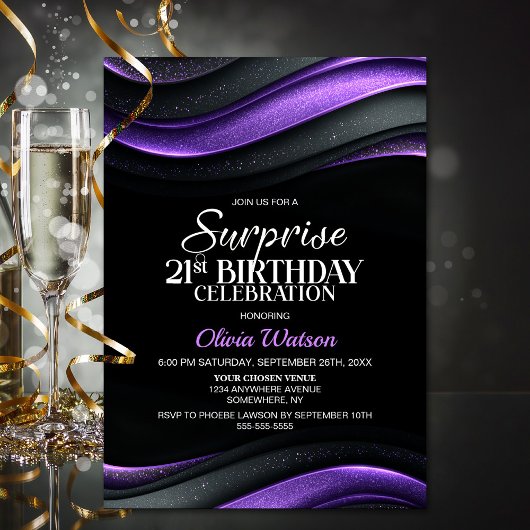 Black and Purple Surprise 21st Birthday Party 招待状