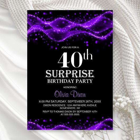 Black and Purple Surprise 40th Birthday Party 招待状