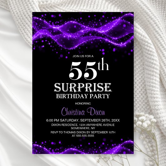 Black and Purple Surprise 55th Birthday Party 招待状