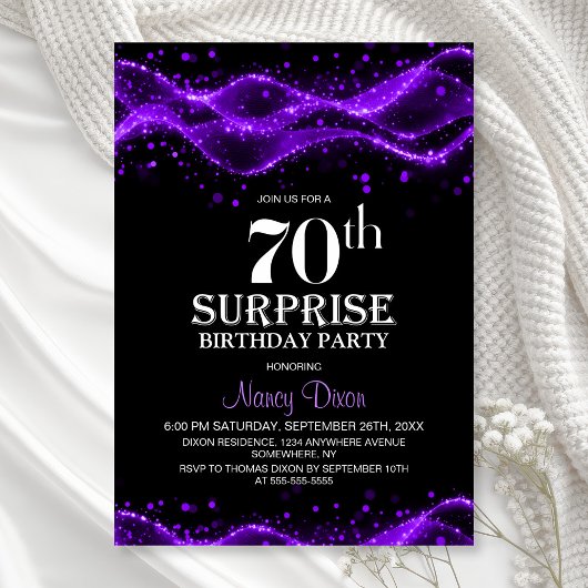 Black and Purple Surprise 70th Birthday Party 招待状