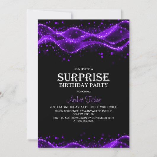 Black and Purple Surprise Any Age Birthday Party 招待状 (正面)