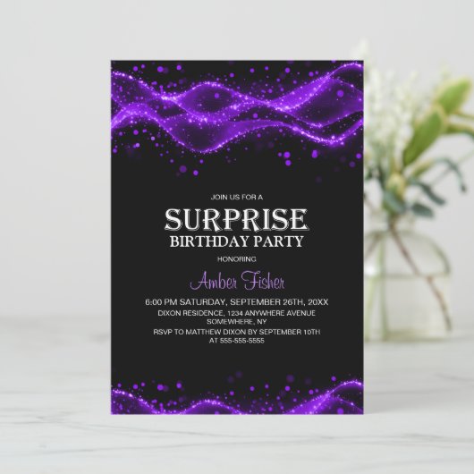 Black and Purple Surprise Any Age Birthday Party 招待状 (スタンド正面)