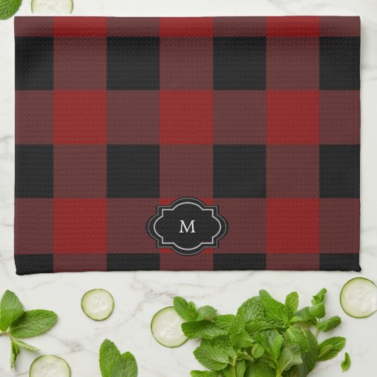 Black and red buffalo plaid monogrammed キッチンタオル (折り畳み)