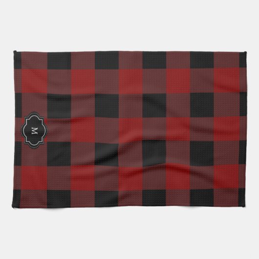 Black and red buffalo plaid monogrammed キッチンタオル (横)
