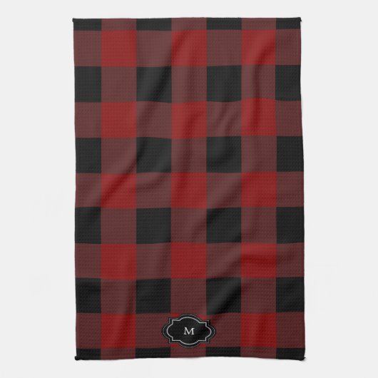 Black and red buffalo plaid monogrammed キッチンタオル (縦)