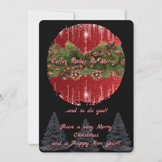 Black and Red "Coffee Makes Me Merry" Christmas カード (正面)