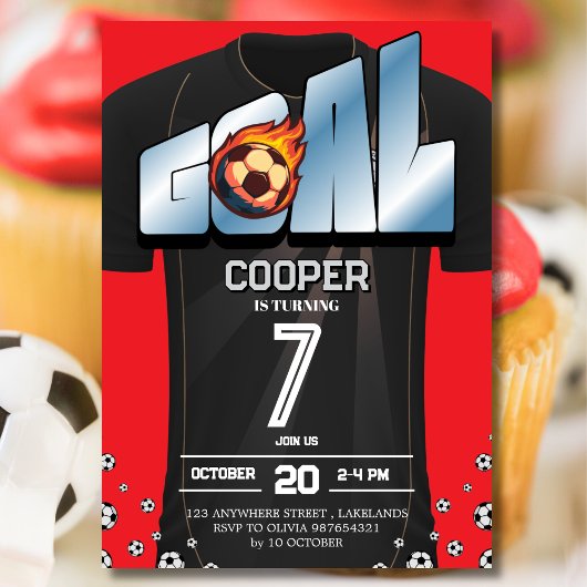 Black and Red Soccer Shirt Birthday Party  招待状