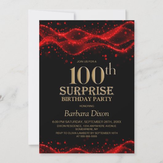Black and Red Surprise 100th Birthday Party 招待状 (正面)