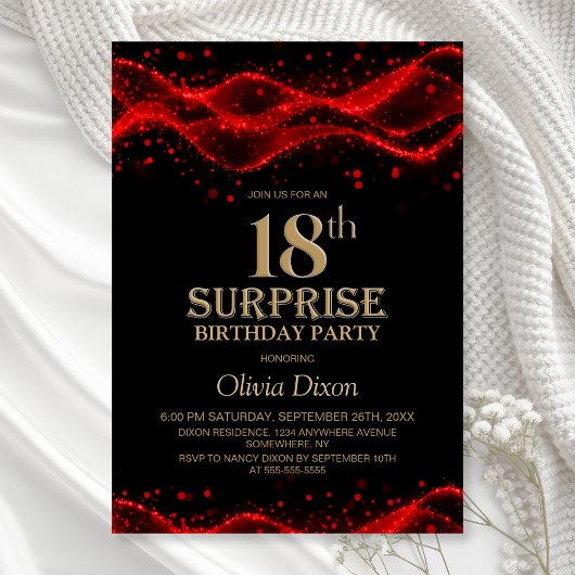 Black and Red Surprise 18th Birthday Party 招待状