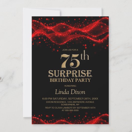 Black and Red Surprise 75th Birthday Party 招待状 (正面)