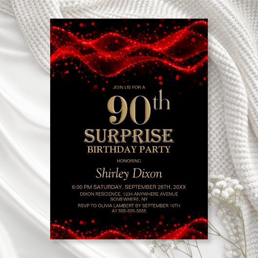 Black and Red Surprise 90th Birthday Party 招待状