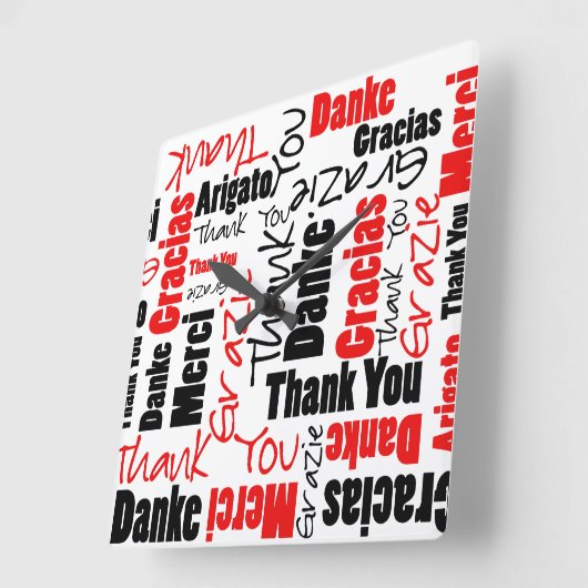 Black and Red Thank You Word Cloud スクエア壁時計 (傾斜)
