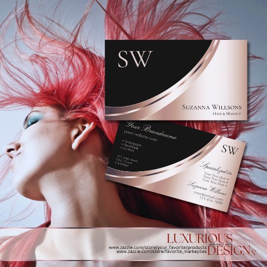 Black and Rose Gold Decor with Monogram Luxurious 名刺