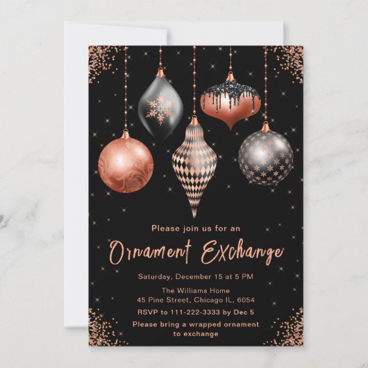 Black and Rose Gold Ornament Exchange Party 招待状 (正面)