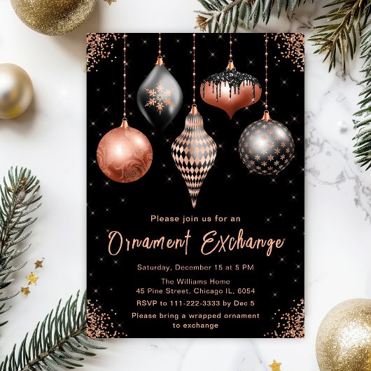 Black and Rose Gold Ornament Exchange Party 招待状