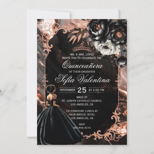 Black and Rose Gold Quinceañera Invitation 招待状 (正面)