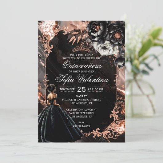 Black and Rose Gold Quinceañera Invitation 招待状 (スタンド正面)