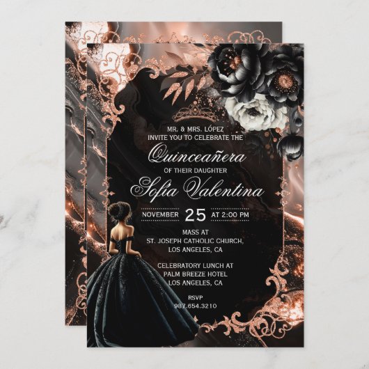 Black and Rose Gold Quinceañera Invitation 招待状 (正面/裏面)