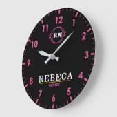 Black and Rose Personalized  Pink Accents Custom  ラージ壁時計 (傾斜)