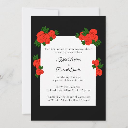 Black and Rose Wedding Invitations with RSVP 招待状 (正面)