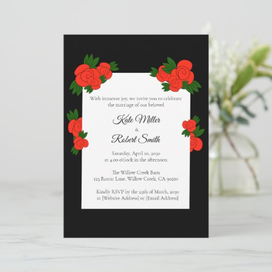 Black and Rose Wedding Invitations with RSVP 招待状 (スタンド正面)