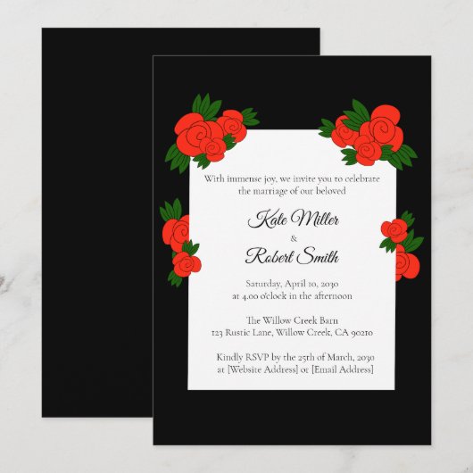 Black and Rose Wedding Invitations with RSVP 招待状 (正面/裏面)