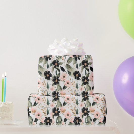 Black and Shell Pink Flowers ラッピングペーパー (パーティーギフト)