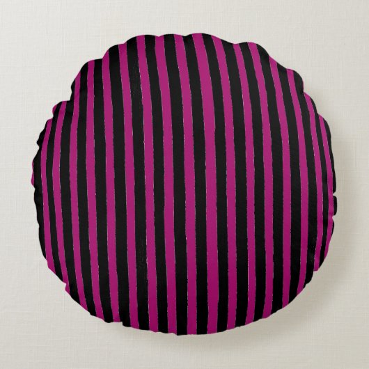 Black and Shocking Pink Stripes Pattern ラウンドクッション (正面)